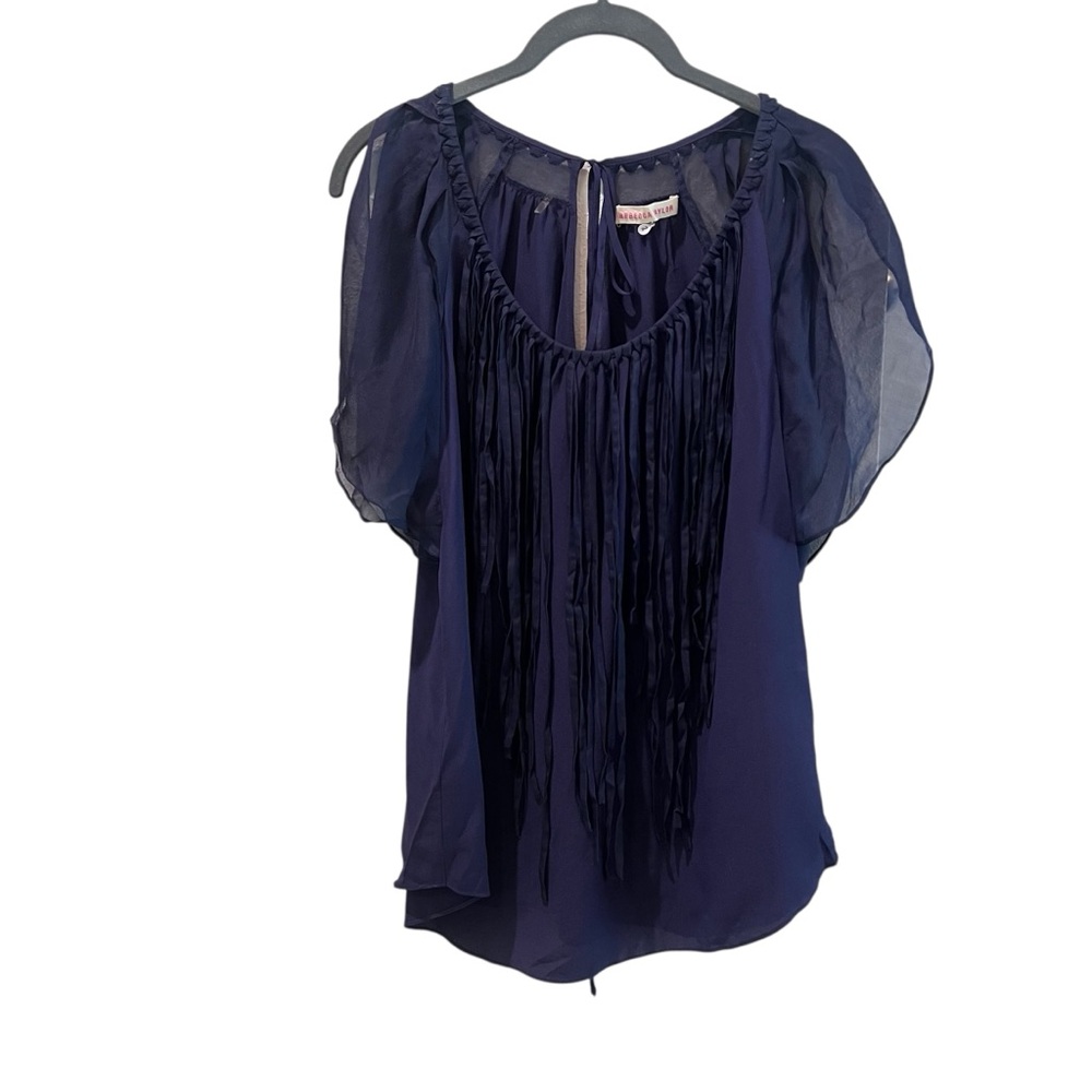 Rebecca Taylor Blue Asymmetrical Fringe  Embellished  Silk Blouse Size 2‎